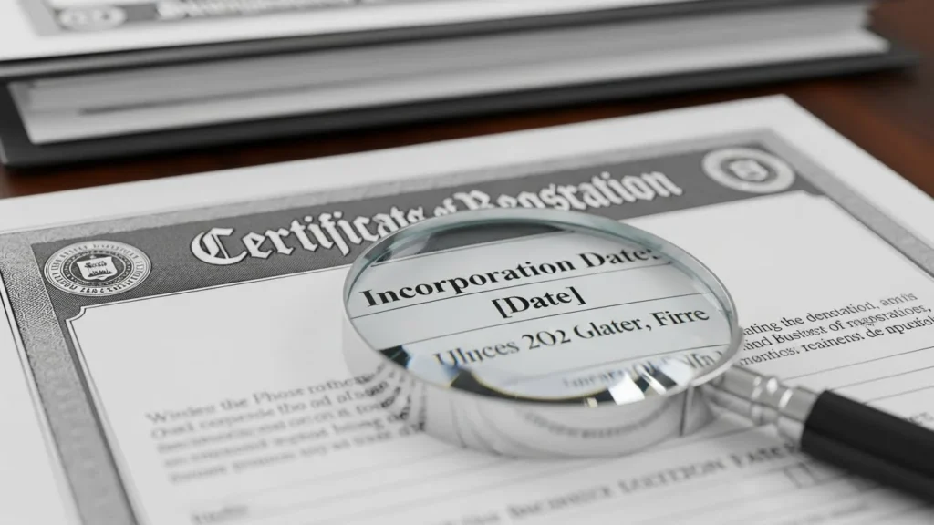 Close-up of a certificate of registration with text magnified by a magnifying glass resting on the document.