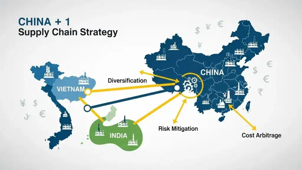 Diagram illustrating the China Plus One supply chain strategy with China, Vietnam, and India, highlighting diversification, risk mitigation, and cost arbitrage.