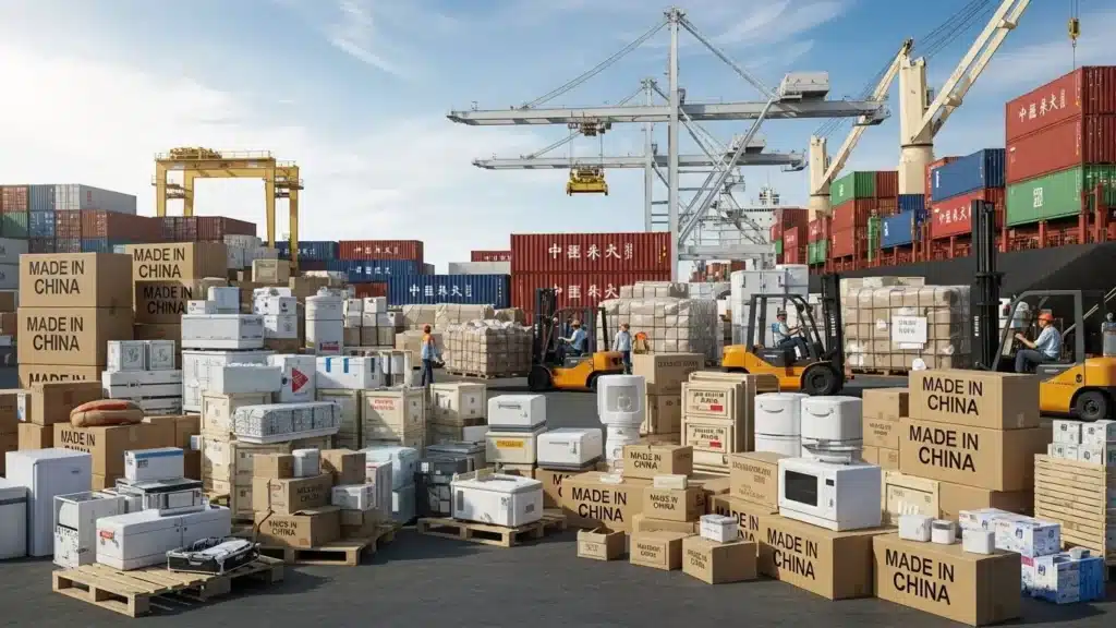 Busy Chinese port with cranes loading containers labeled 'Made in China', various packaged goods, and forklifts operated by workers.