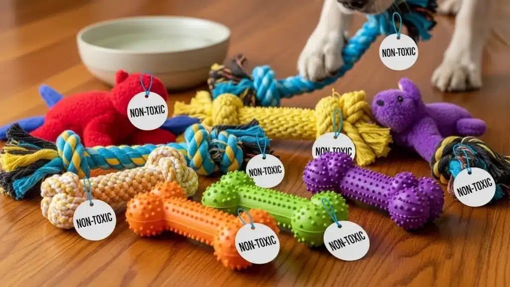 Assorted colorful non-toxic dog toys, including ropes and rubber bones, displayed on a wooden floor with a dog paw visible.