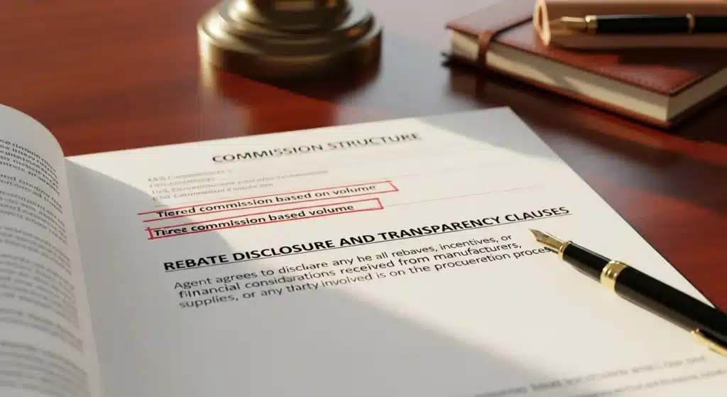 A commission structure document with highlighted sections on a desk, next to a pen and some books.