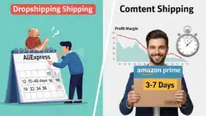 Illustration comparing dropshipping with long delivery times via AliExpress and faster delivery with Amazon Prime, showing profit margin differences.