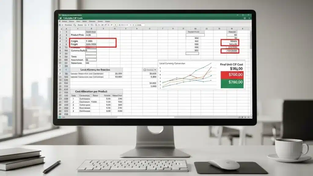 Computer monitor displaying a spreadsheet with cost calculations and chart analysis, set in an office environment.