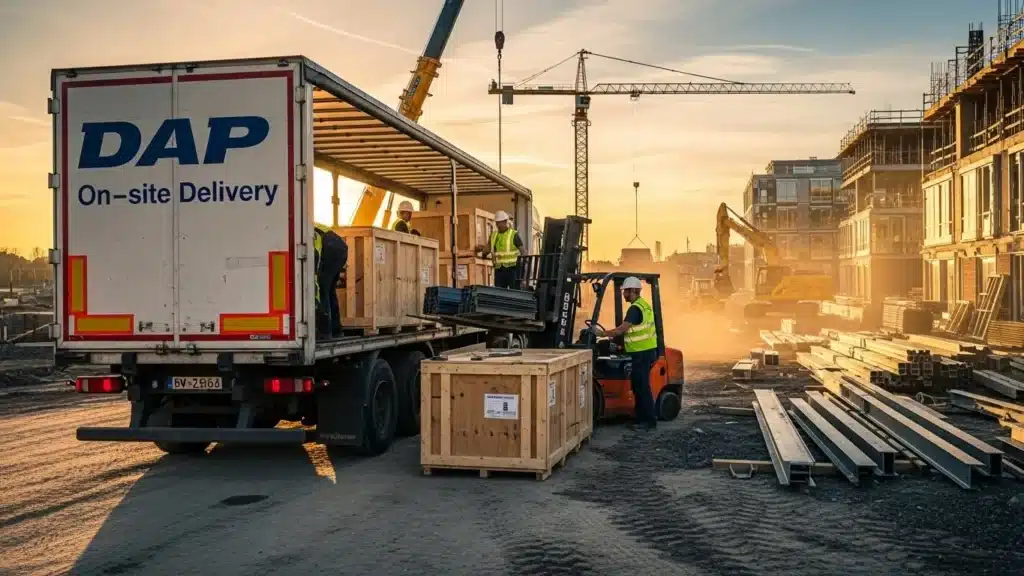 Forklift unloading wooden crates from a delivery truck on a construction site at sunset, with cranes and machinery in the background.