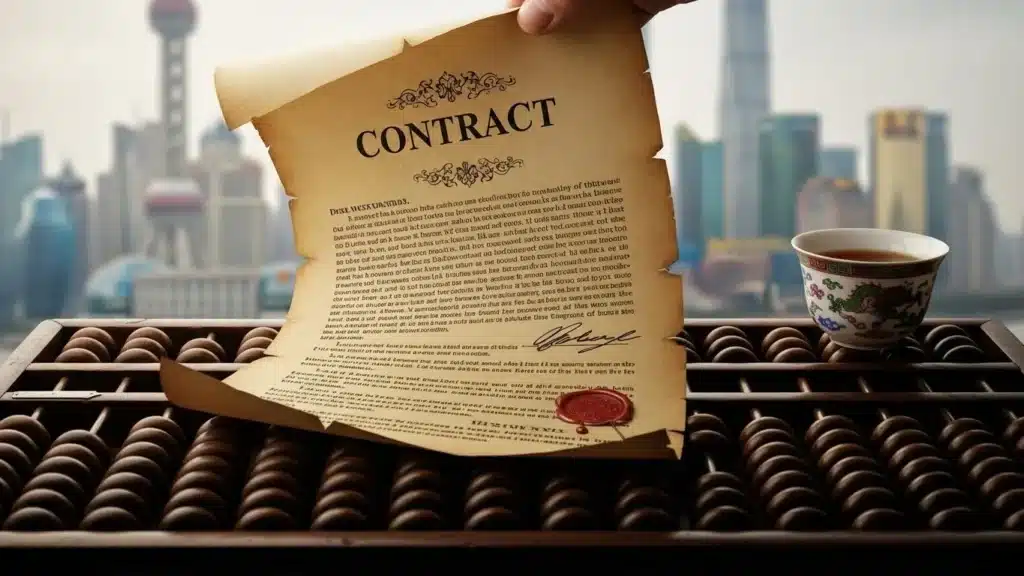 A hand holding a contract over an abacus with a decorative teacup, set against a city skyline backdrop.