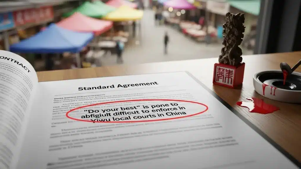 Close-up of a contract on a desk with a red pen mark emphasizing difficulties in enforcing clauses in Yiwu, China.