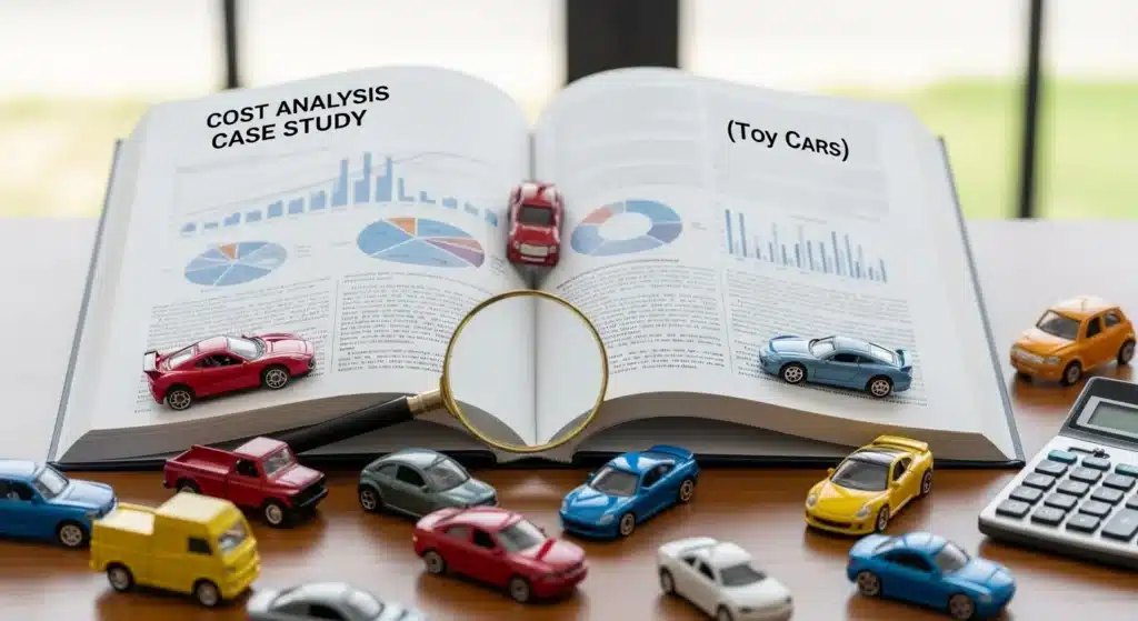 Open book with graphs and charts labeled 'Cost Analysis Case Study' and 'Toy Cars' surrounded by miniature toy cars on a desk.