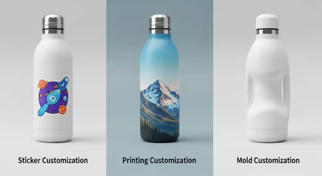 Three water bottles with customization options: sticker with space theme, printing with mountain scene, and mold customization.