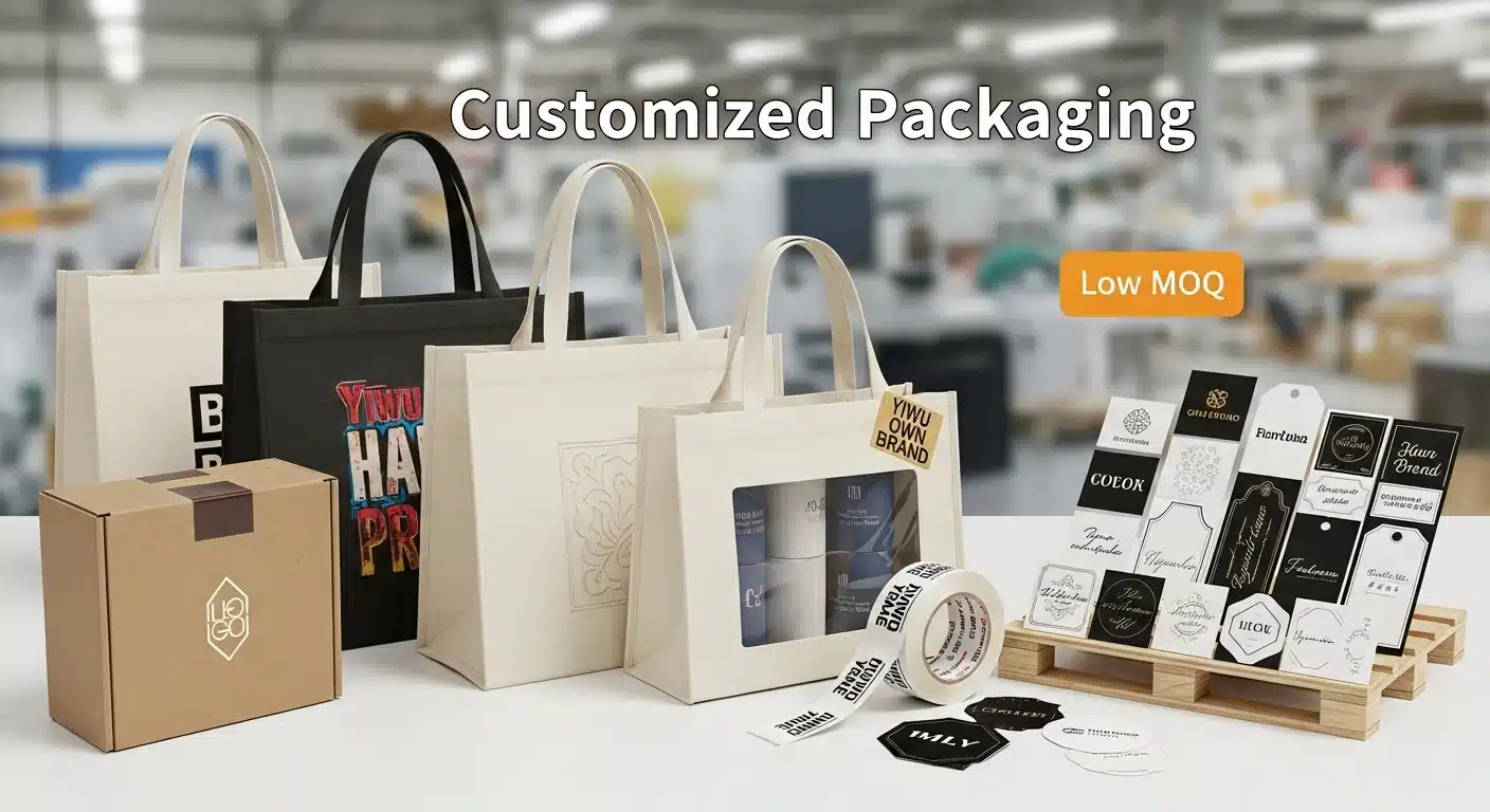 Exposição de vários artigos de embalagem personalizados, incluindo sacos, etiquetas e caixas num armazém.