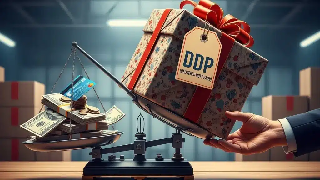 A balance scale with money and credit cards on one side, and a gift-wrapped package labeled 'DDP' on the other in a warehouse setting.