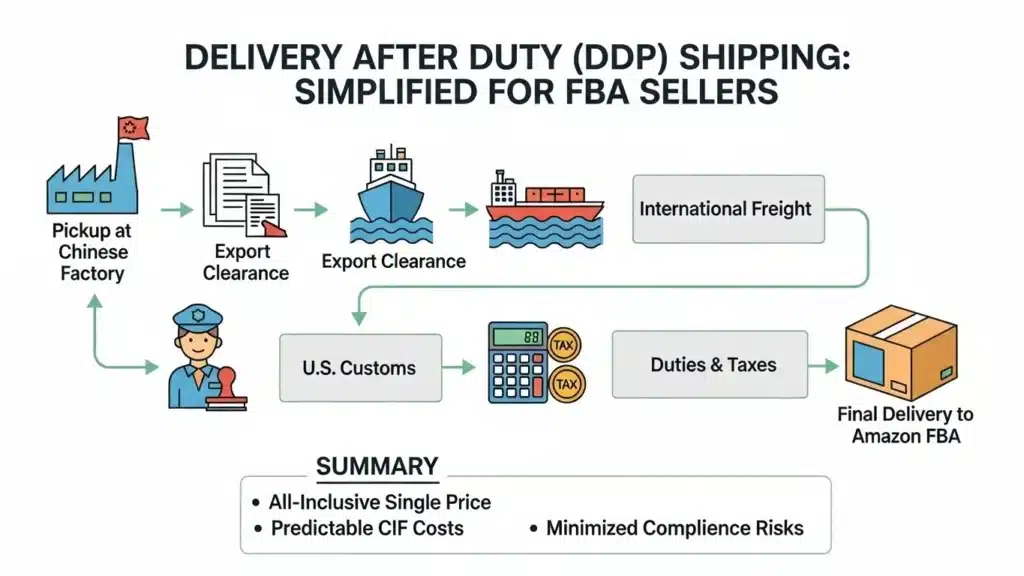 Flowchart illustrating DDP shipping for FBA sellers, from Chinese factory pickup to Amazon FBA delivery, highlighting export clearance and customs.