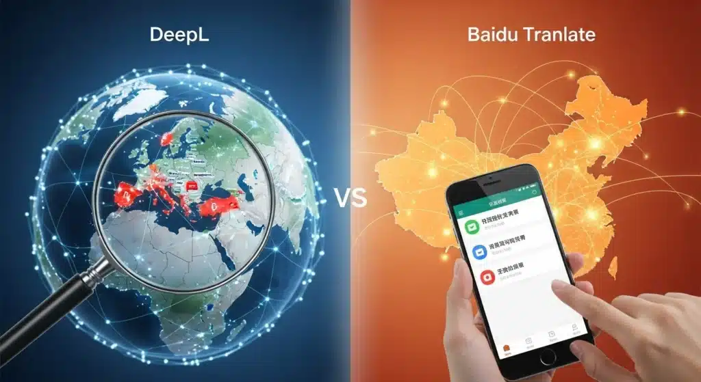 Visual comparison of DeepL and Baidu Translate services with globe on left and smartphone interface on right.