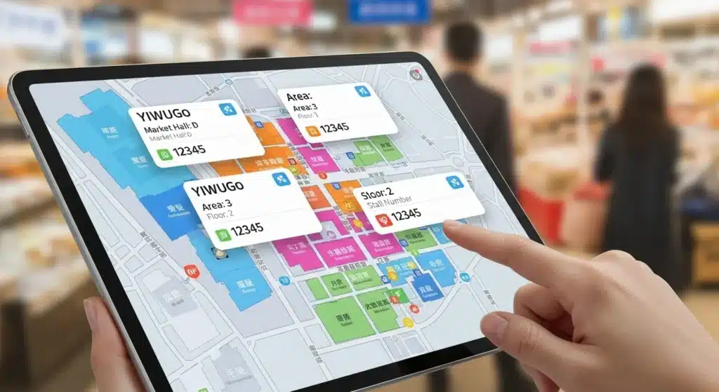 Person using a tablet to navigate a market map with highlighted sections and stall numbers.