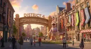 Street scene with large colorful socks adorning buildings in District 4, surrounded by people shopping and a giant sock puppet.