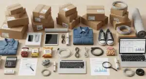 Various e-commerce packaging boxes and office items including a laptop, denim shirt, sneakers, cables, and office documents arranged on a wooden surface.