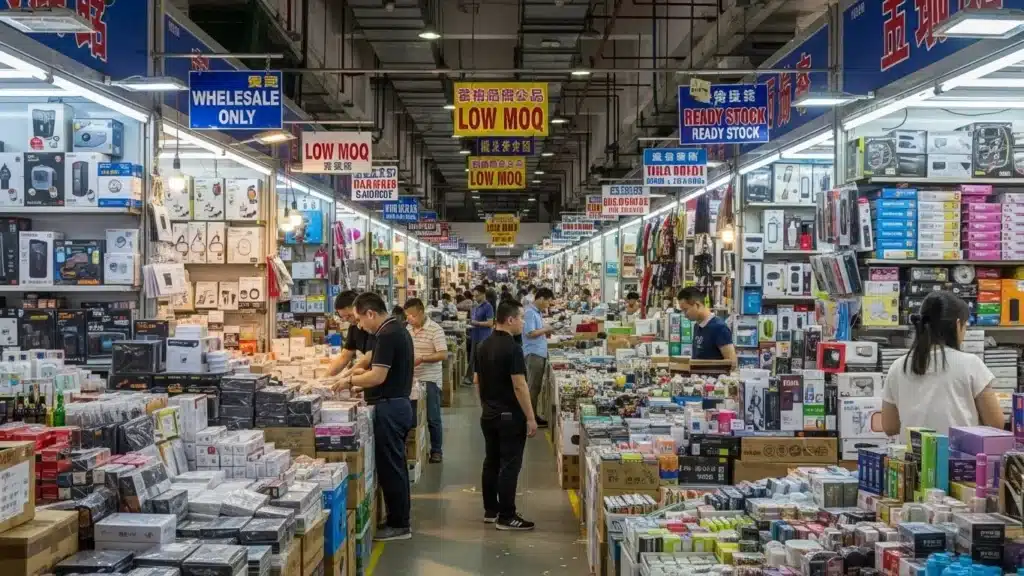 A busy electronic market in China featuring various stalls with products and signage indicating wholesale and stock availability.