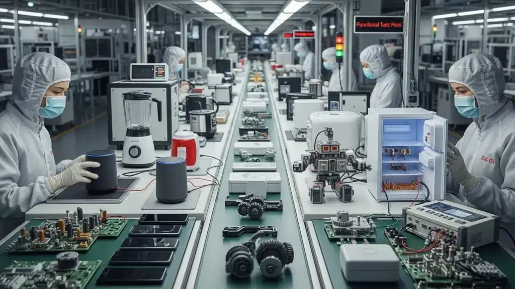 Technicians in protective suits working on an assembly line with electronic devices like speakers, blenders, and circuit boards in a manufacturing facility.