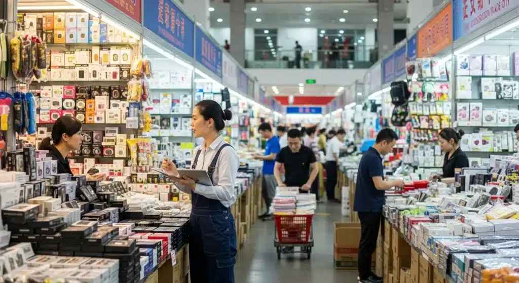 Various people browsing and shopping for electronics in a busy indoor market with numerous stalls and products displayed.