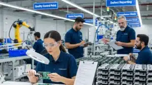 Workers at a factory performing quality control on electronic circuit boards. Visible signs include 'Quality Control Point' and 'Defect Reporting'.