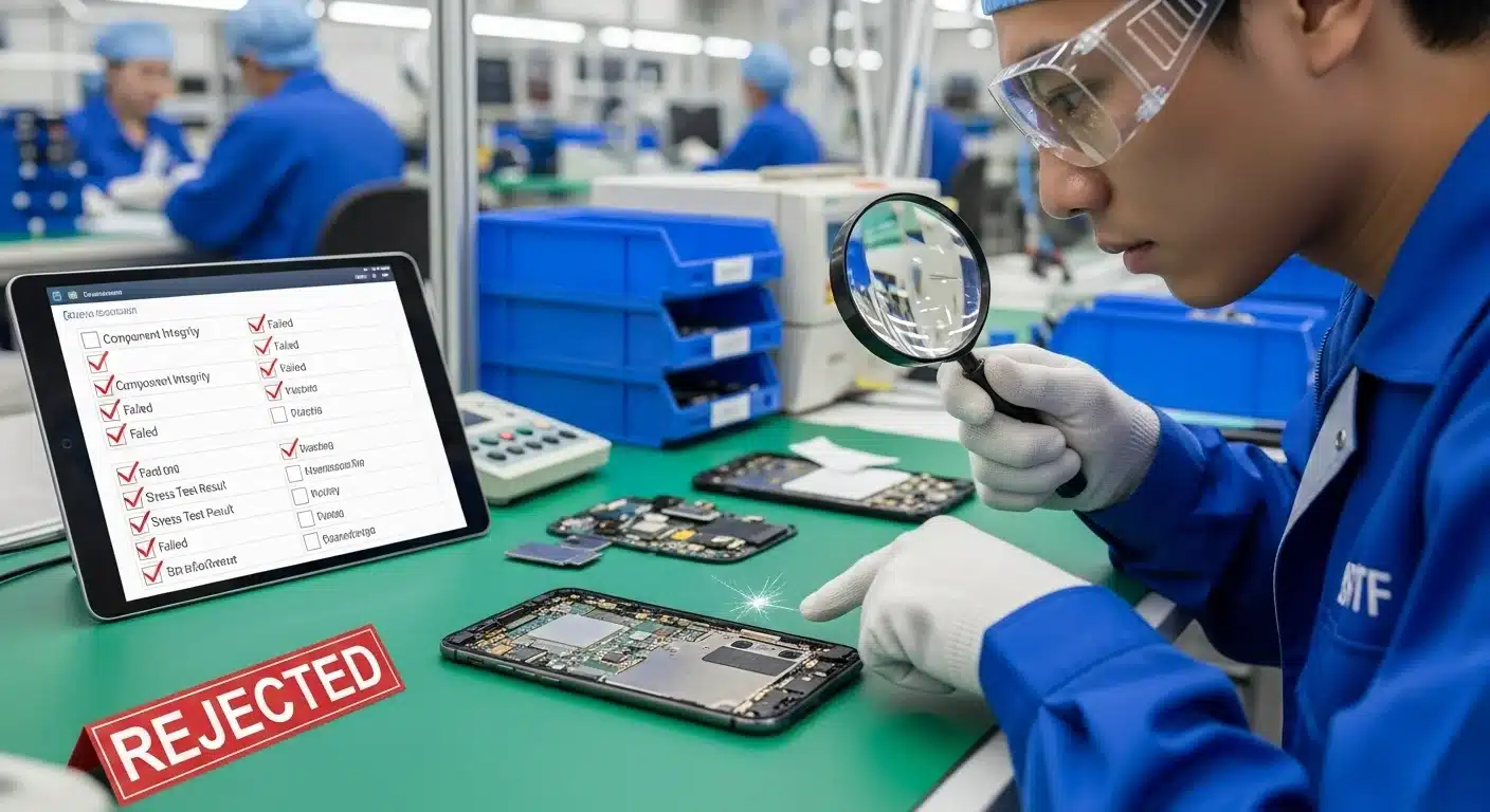 Technician inspecting and testing LED electronics for safety and certification compliance before shipment