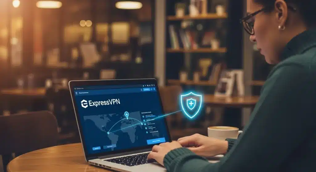 Person using ExpressVPN on a laptop in a cafe, showing a global map interface with a security shield icon.