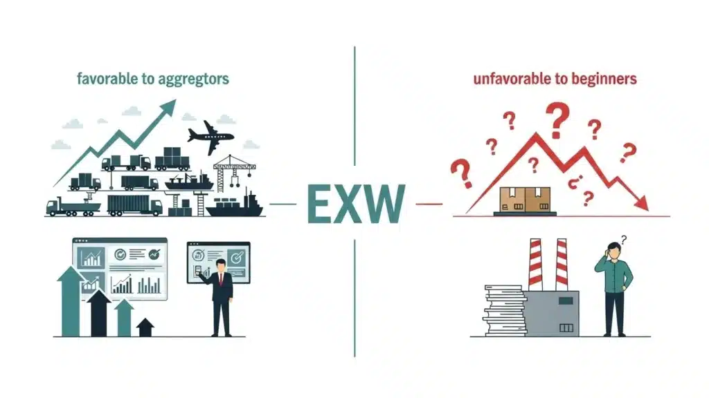 Illustration comparing EXW trade terms, showing favorable conditions for aggregators with logistics symbols and unfavorable conditions for beginners with question marks.