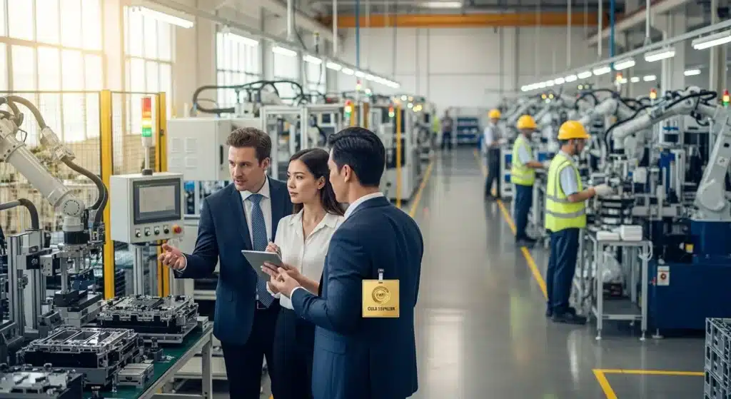 Professionals in suits discussing over a tablet in a large automated factory with machinery and workers wearing hard hats.
