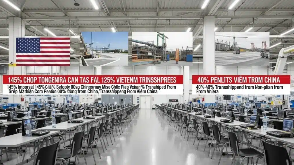 A large factory floor filled with rows of computers, an American flag on the wall, and banners with text above.