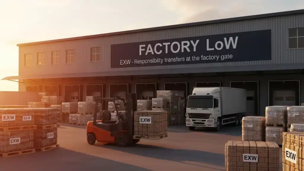 Forklift moving pallets near a truck at a factory loading dock, with a sign for EXW logistics responsibility in the background.