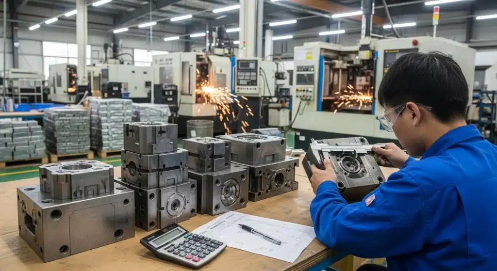 Factory worker in a blue uniform measuring machinery parts on a table with a calculator and notebook, surrounded by machinery and sparks.