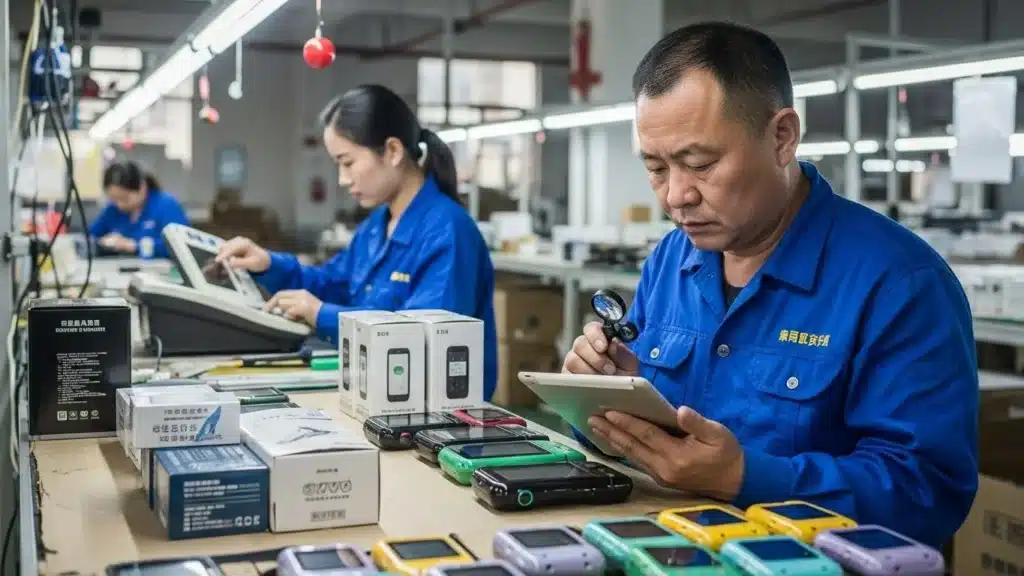Workers in blue uniforms inspecting electronic devices at a factory workstation filled with gadgets and device packaging.