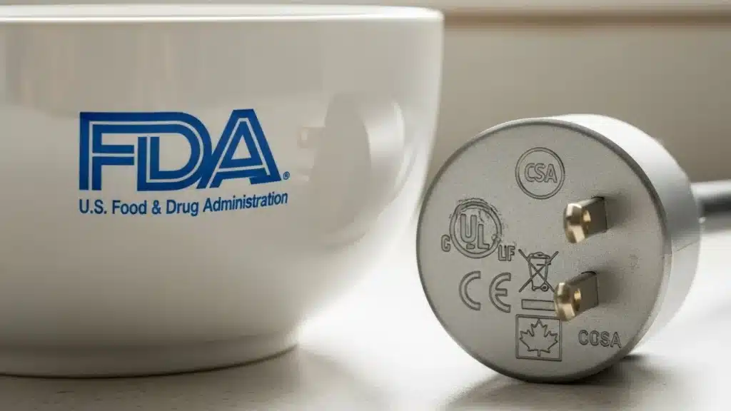 FDA logo on a white mug next to an electrical plug displaying various safety and certification symbols.