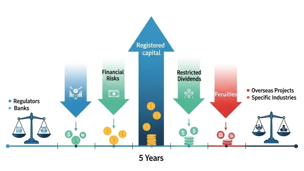 Diagram showing registered capital changes over five years influenced by financial risks, restricted dividends, and penalties, with scales depicting regulators and banks.