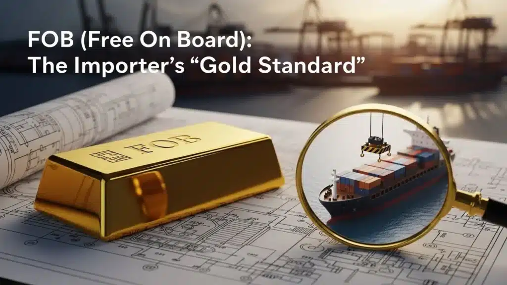 Gold bar labeled FOB, architectural plans, and a magnified image of a cargo ship symbolizing trade efficiency.