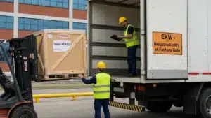 Forklift loading a crated order onto a buyer-nominated truck, the FCA delivery moment when risk transfers