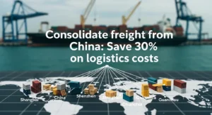Text on map illustrating freight consolidation from Chinese cities like Shanghai and Guangzhou to save 30% on logistics costs.
