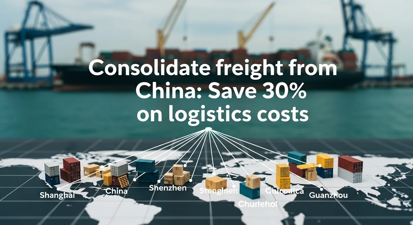 Text on map illustrating freight consolidation from Chinese cities like Shanghai and Guangzhou to save 30% on logistics costs.