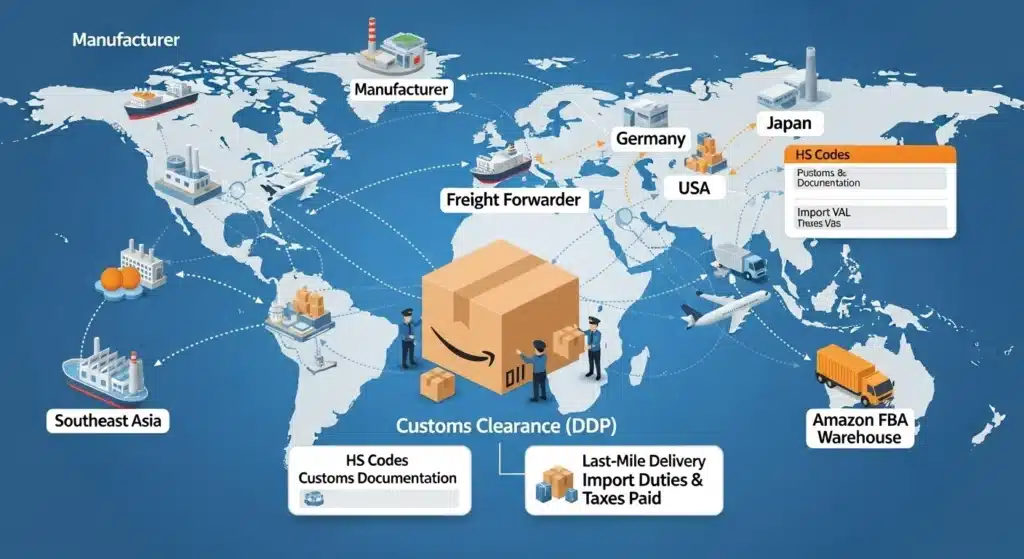 Illustrated world map showing logistics in global supply chain including freight forwarders, manufacturers, customs clearance, and delivery to Amazon FBA warehouse.