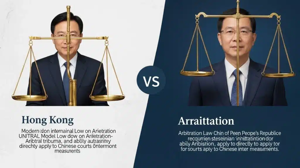 Comparison of Hong Kong and Arraittation legal systems with blurred individuals holding scales of justice.