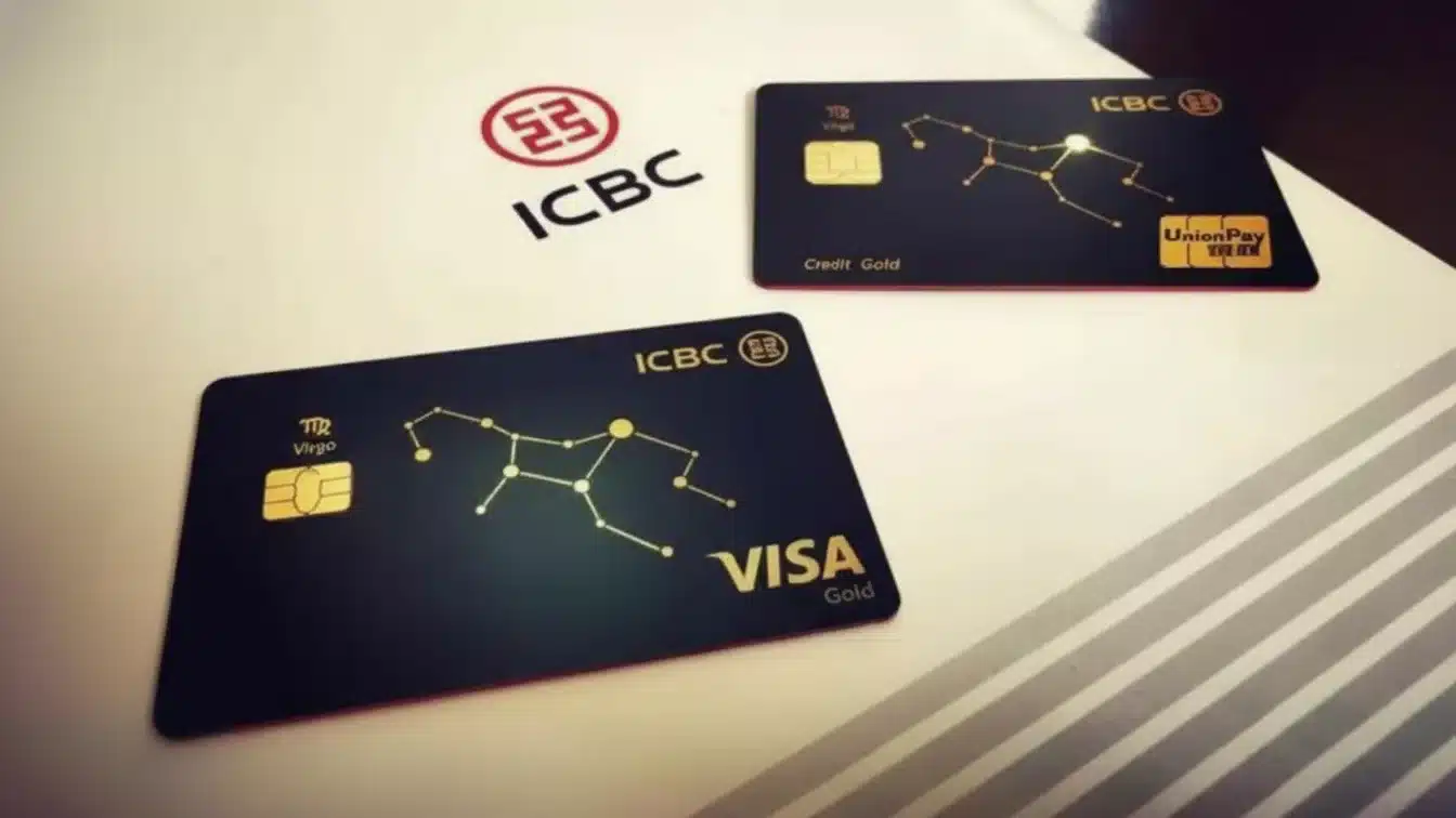 Two ICBC gold credit cards featuring Virgo constellation designs on a desk.