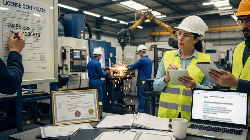 Workers in a factory performing safety inspections with certificates on display, using tablets and computers, and equipment operating in the background.