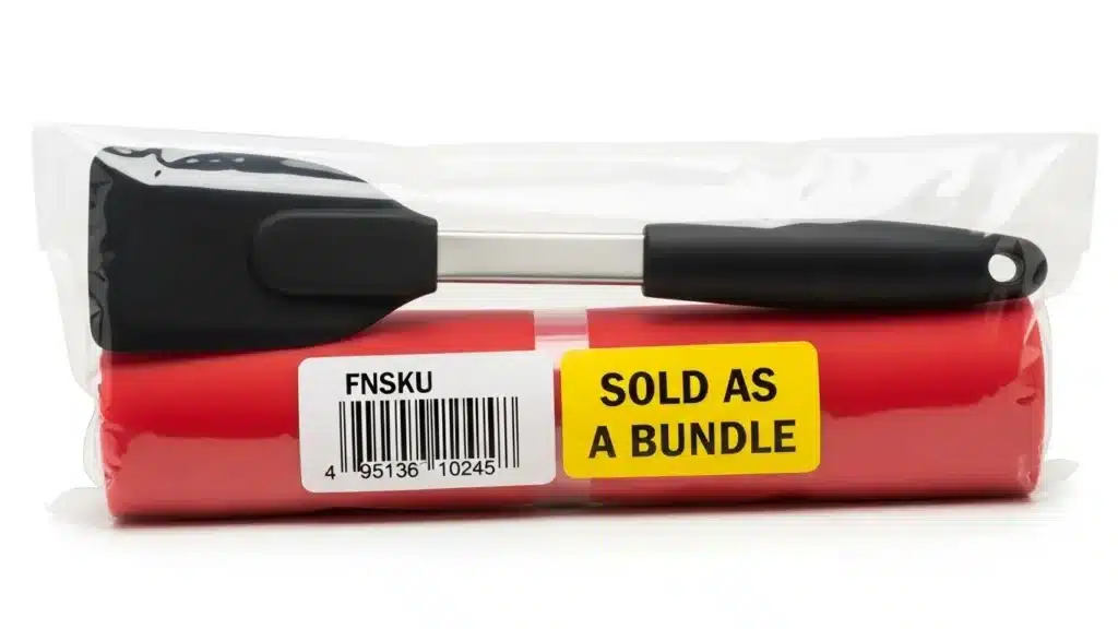 Kitchen spatula and bundle wrapped in clear packaging with labels showing FNSKU and 'Sold as a bundle'.