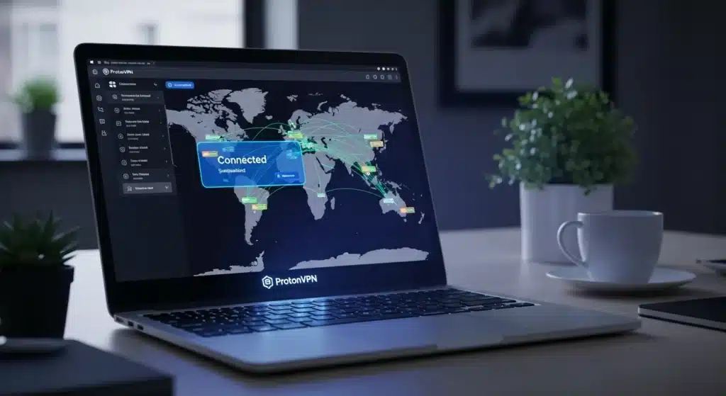 Laptop screen showing ProtonVPN interface, displaying a world map with connection lines indicating active VPN connections.