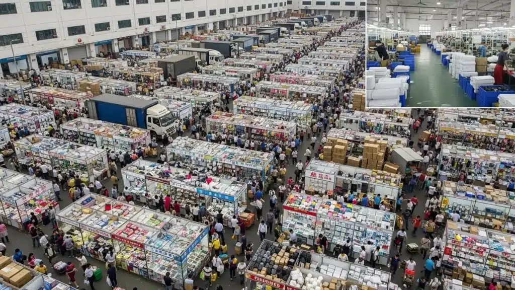 A large indoor market with numerous vendor stalls and a crowded walking area, showing a bustling shopping environment.