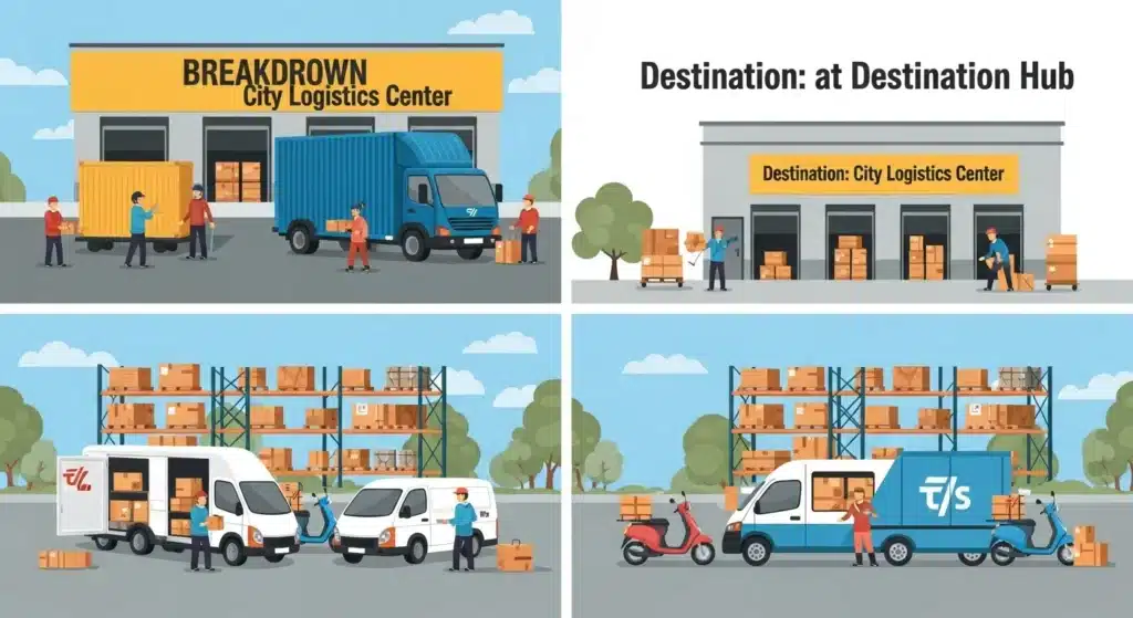 Illustrated logistics centers with trucks, warehouses, and workers handling packages, depicting city logistics and delivery operations.