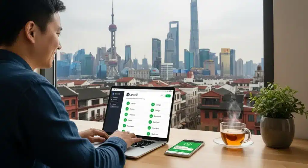 Person working on a laptop displaying Astrill application with Shanghai skyline visible through window. Smartphone and tea nearby on table.