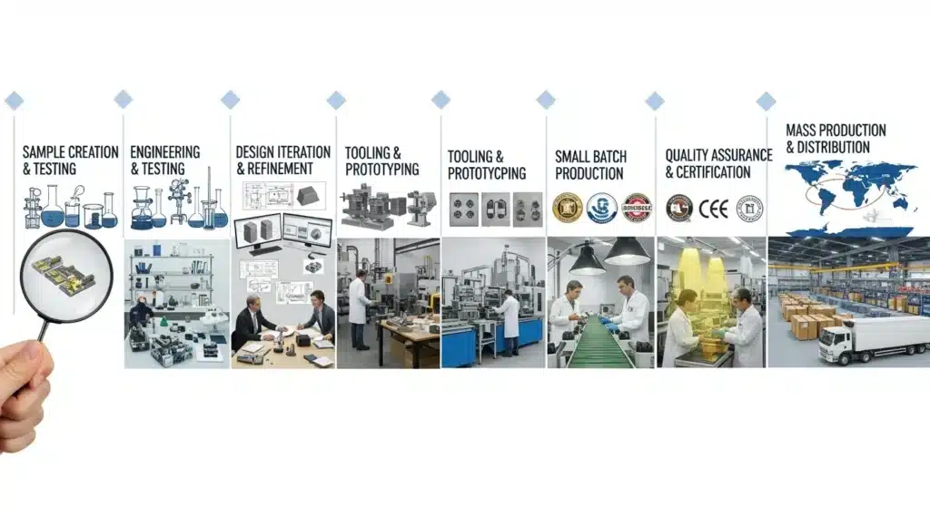 Illustration showing stages of the manufacturing process from sample creation to mass production and distribution with detailed images of each step.