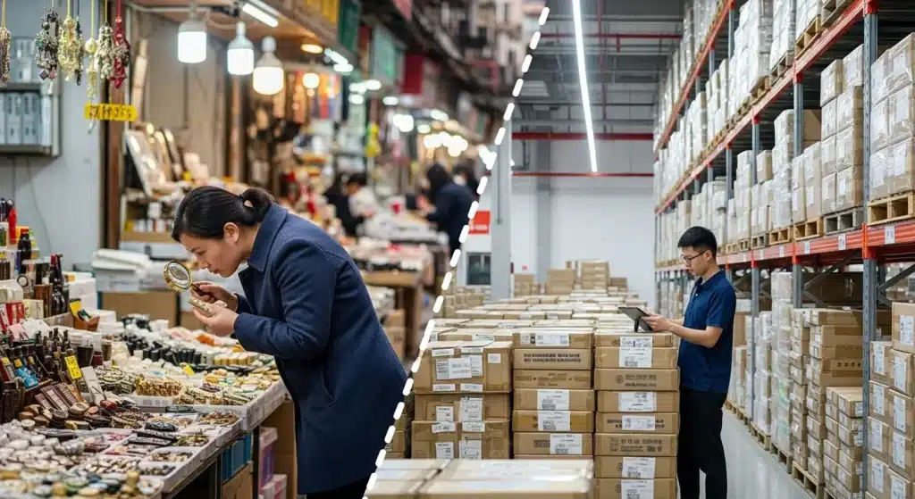 Split image showing a woman shopping at a bustling market on the left and a worker using a tablet in a warehouse full of stacked boxes on the right.