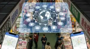 A busy marketplace with product categories overlay and a map on a smartphone screen showing various locations.