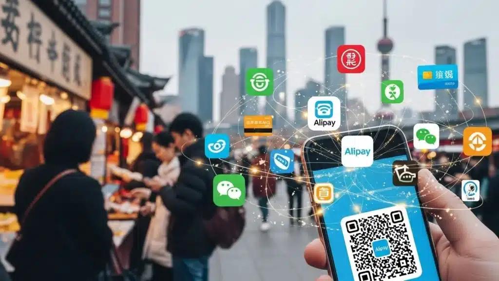 Hand holding smartphone displaying Alipay QR code amidst various app icons, with a market and city skyline in background.